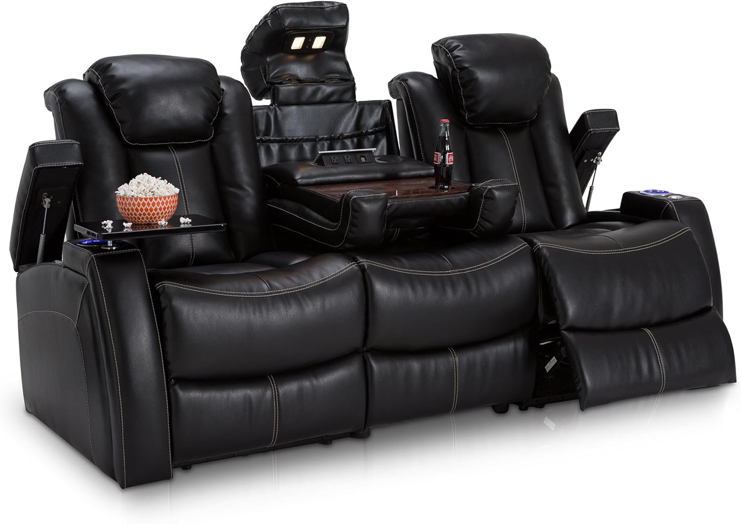 Seatcraft Omega Home Theater Seating - Living Room - Leather Gel - Power Recline - Power Headrests - AC and USB Charging - Lighted Cup Holders - Fold Down Table