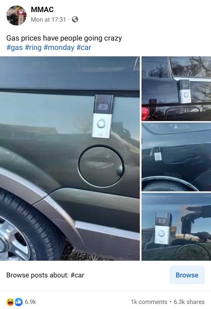 A Facebook screenshot from MMAC showing Ring Doorbells stuck to peoples cars