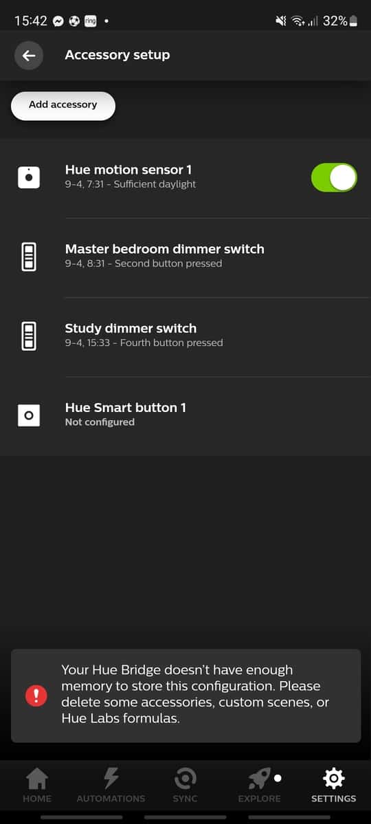 A Hue Bridge error saying that it doesnt have enough memory to store a new accessory