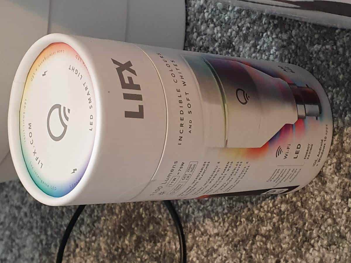 A LIFX full RGB B22 bulb in its box