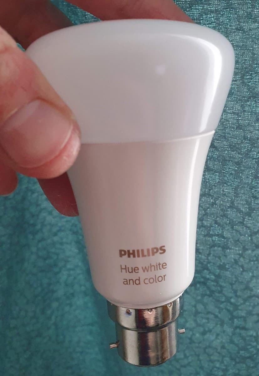 A Philips Hue full RGB White and Color Ambiance bulb