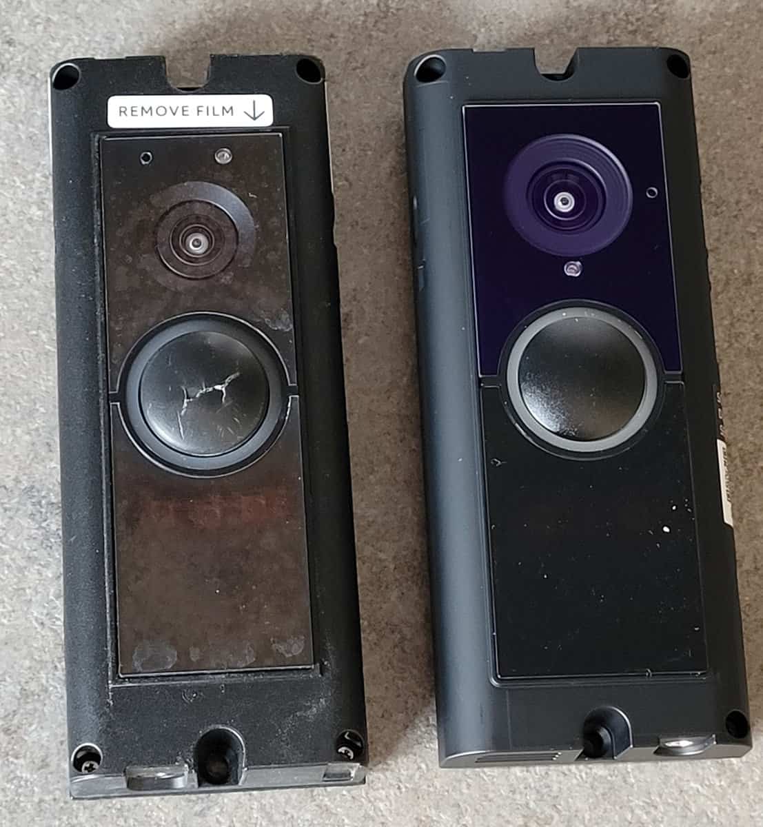 A Ring Doorbell Pro 1 and 2 side by side the Pro 2 is slightly wider