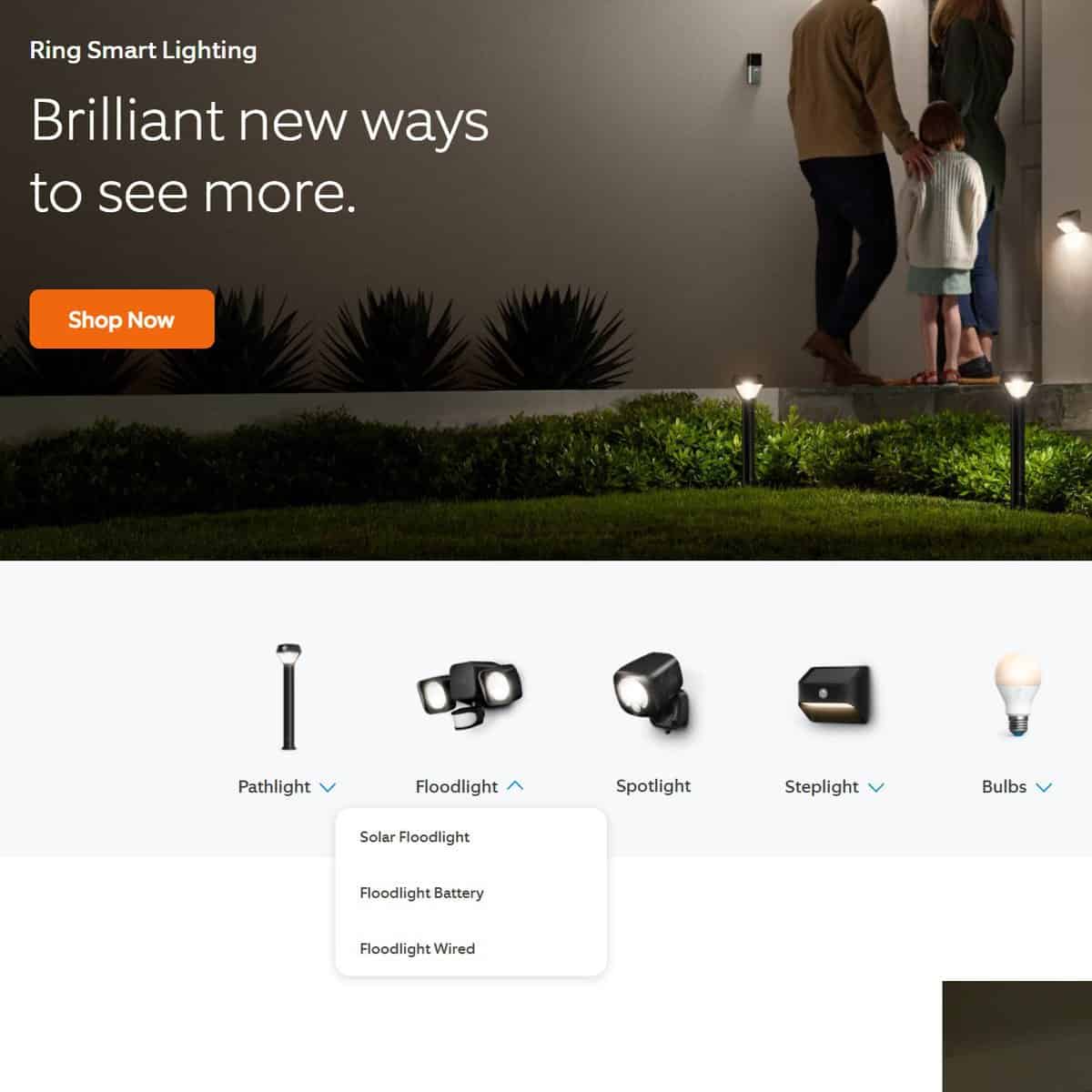 A screenshot from Ring.com showing their various smart lights