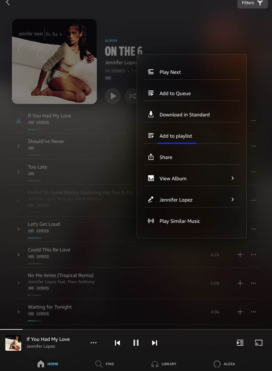 Add to Playlist selection in Amazon Music app