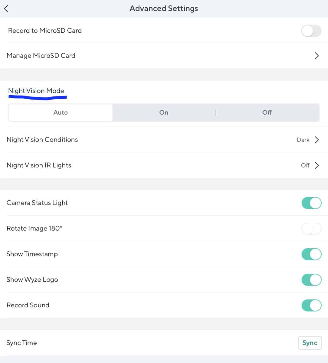 Advanced Settings Night Vision in the Wyze app