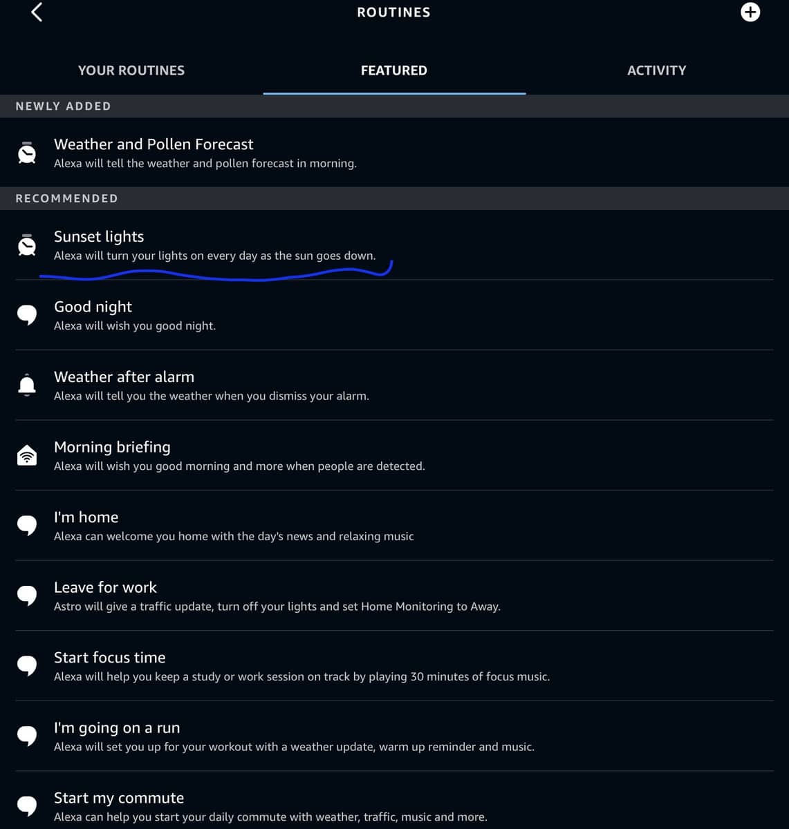 Alexa App with Sunset Routine available