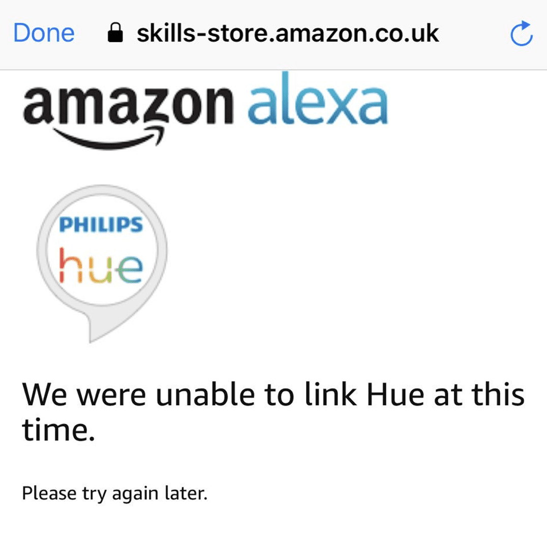 Alexa and Hue error saying they can't be linked at this time