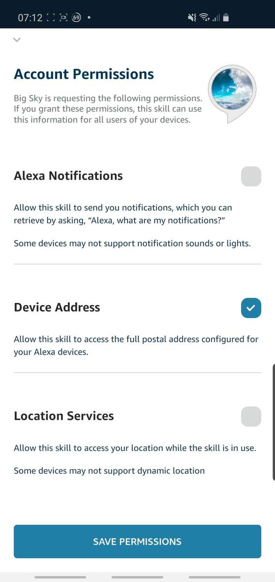 Phone screenshot from the Alexa app, showing the permissions that the Big Sky skill requests.