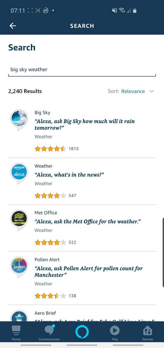 Phone screenshot from Alexa app, showing the weather related Skill search results.