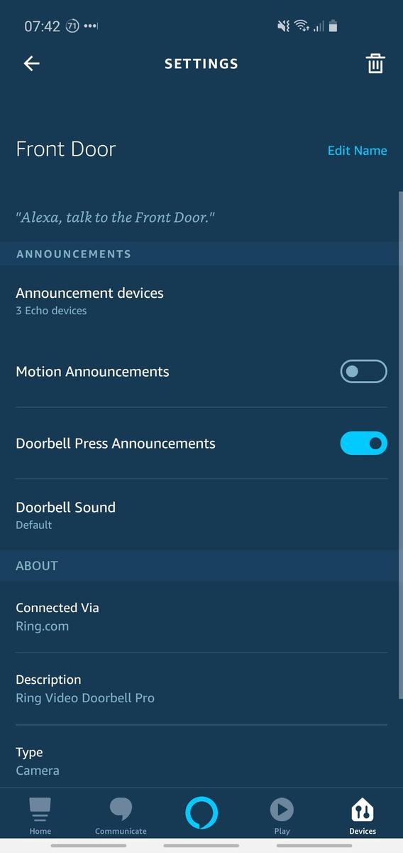 Phone screenshot from the Alexa app, showing that "Announcement devices" and "Doorbell sounds" can be configured to your liking.