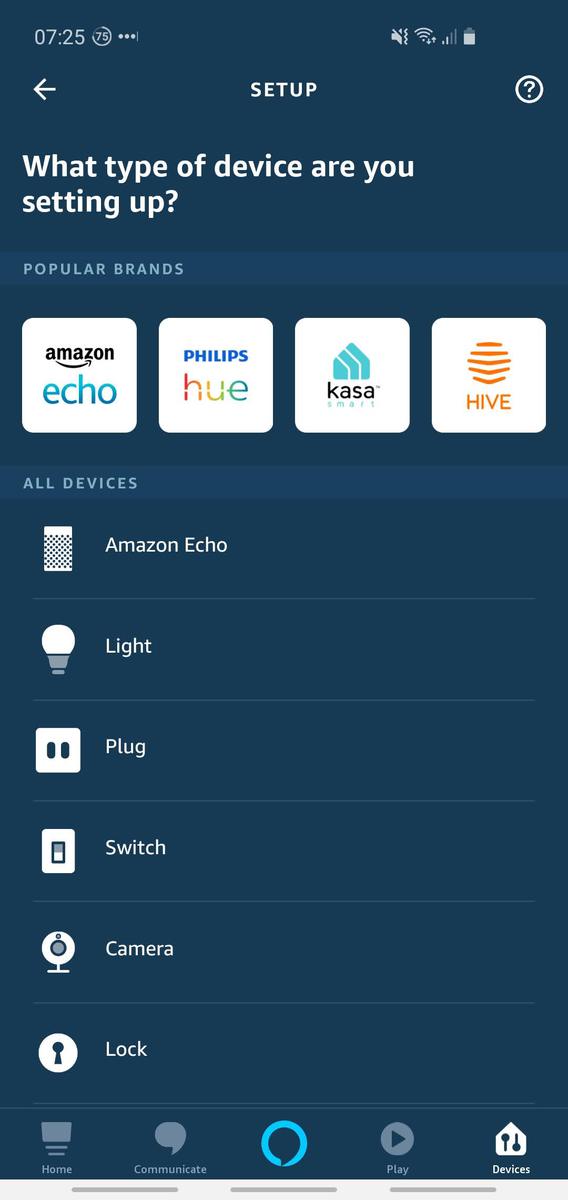 Phone screenshot showing the 'Add Device' page of the Alexa app, showing that Amazon Echo, Light, Plug, Switch, Camera, Lock and other smart devices can be added to Alexa.