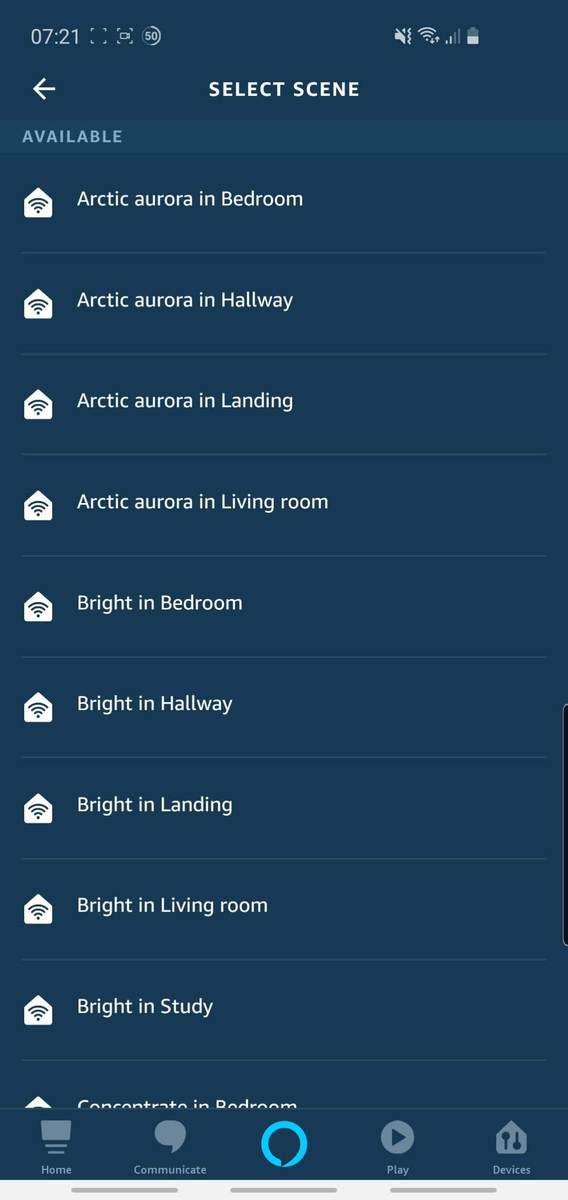 Screenshot from the Alexa app, showing the various Hue scenes which are available.