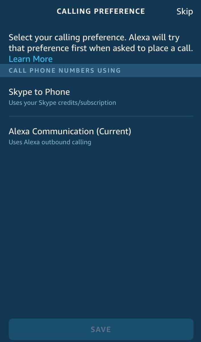 Alexa app calling preference