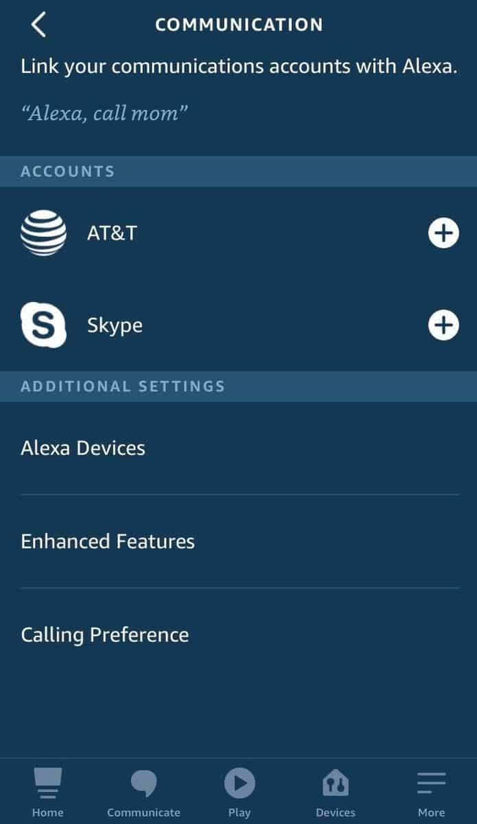 Alexa app communication tab showing AT&T and Skype