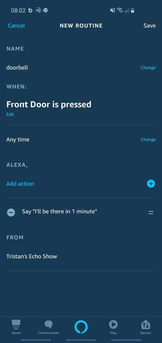 Phone screenshot of the Alexa app, showing how you can create a custom routine to handle doorbell presses in a unique way.