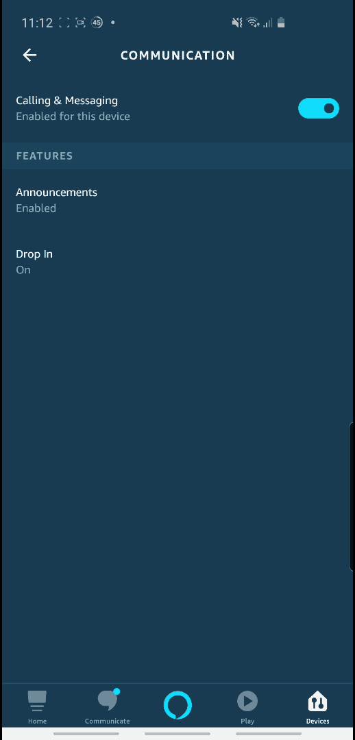 Screenshot from the Alexa app showing the three communication settings (including calling and drop-in) for an Echo.