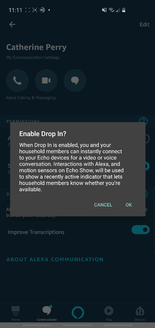 Screenshot from the Alexa app showing a message when 'Drop In' is about to be enabled.