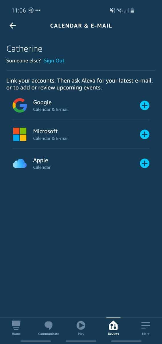 Phone screenshot of the Alexa app, showing that Google, Microsoft and Apple calendars/emails are supported.