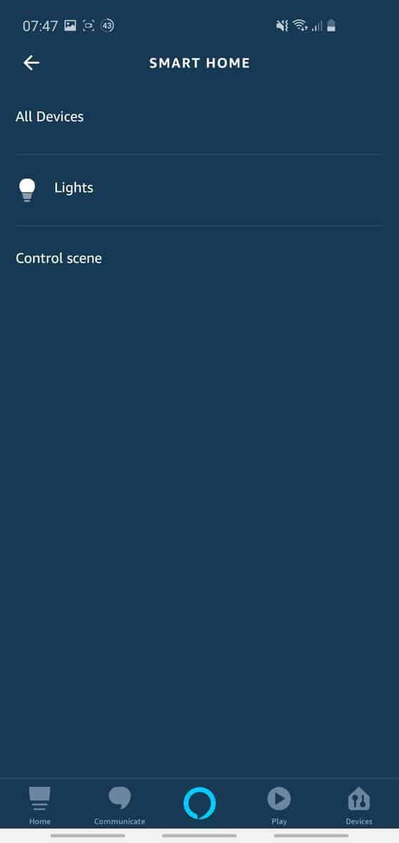 Screenshot from the Alexa app showing the 'devices' options that are available for controlling your 'smart home' via a routine.