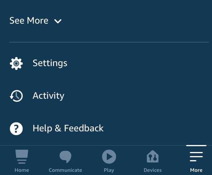 Alexa app settings drop down menu