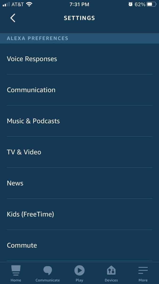 Alexa app settings including communication tab