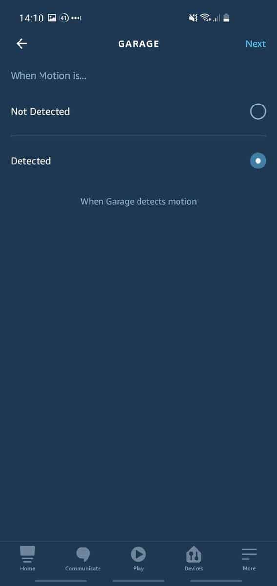 Alexa app showing a Ring camera motion can be the trigger