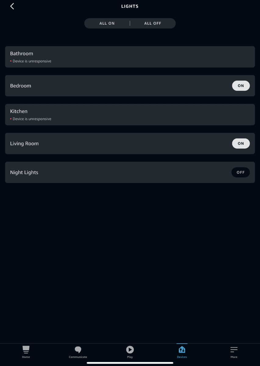 Alexa app showing different smart lights