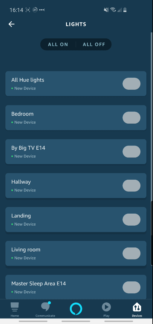 Screenshot from the Alexa app, showing that the Hue bulbs and rooms no longer appear as duplicates within Alexa.