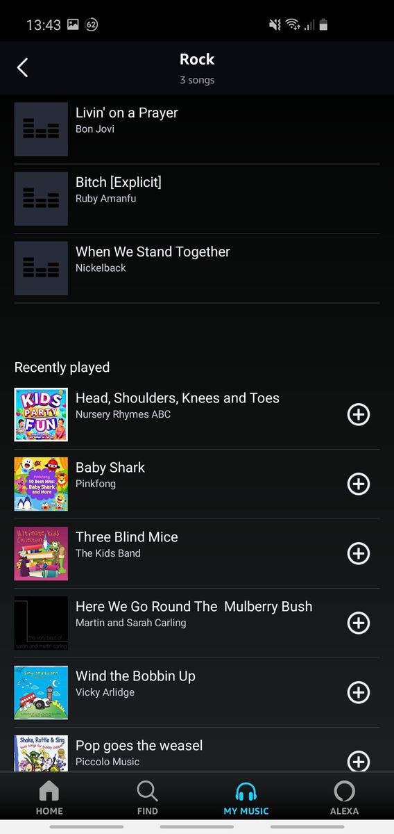 Screenshot from my Amazon Music app - adding individual songs to my new 'Rock' playlist