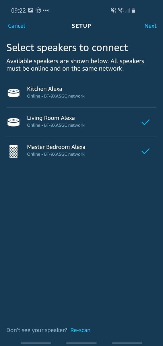 Phone screenshot showing the Alexa app, and how new speakers (Echo devices) can be added to the 'Everywhere' speaker group.