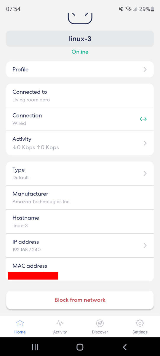 An Amazon Echo device listed as linux 3 on my Eero app with the option to block it from the network