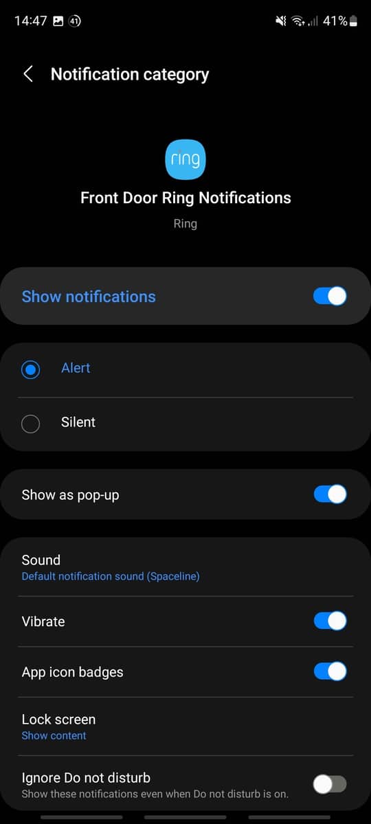 An Android phones settings for a particular type of notification from within the Ring app allowing you to silence or ignore the notification