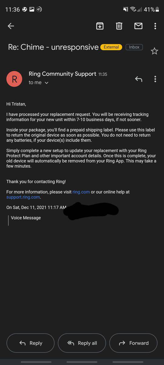 An email from Ring confirming that my Ring Chime is unresponsive so a replacement has been sent