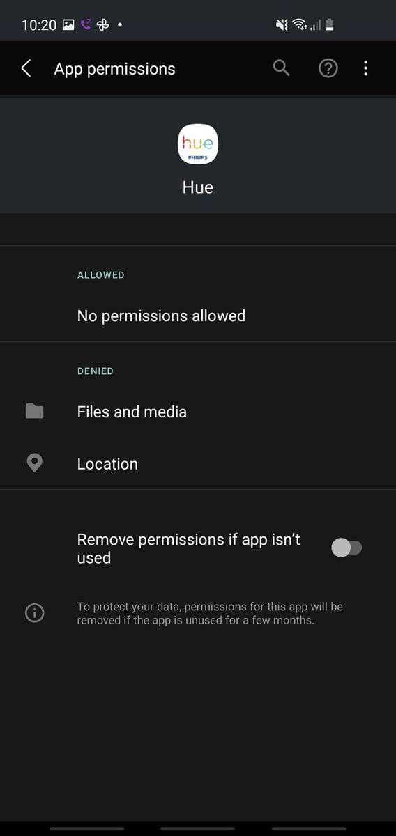 Android app permissions for the Philips Hue app