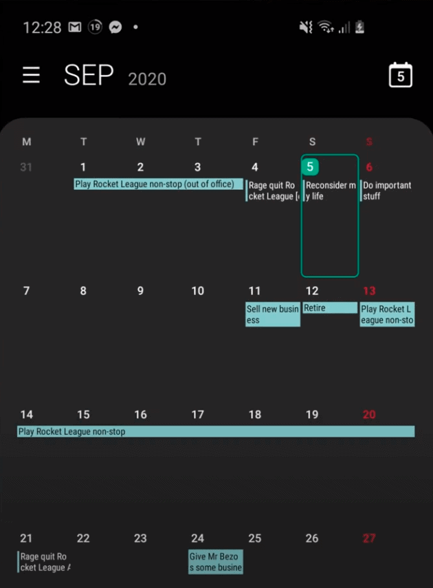 Phone screenshot showing the Android monthly calendar view which displays event information event though it's a 'zoomed out' monthly view