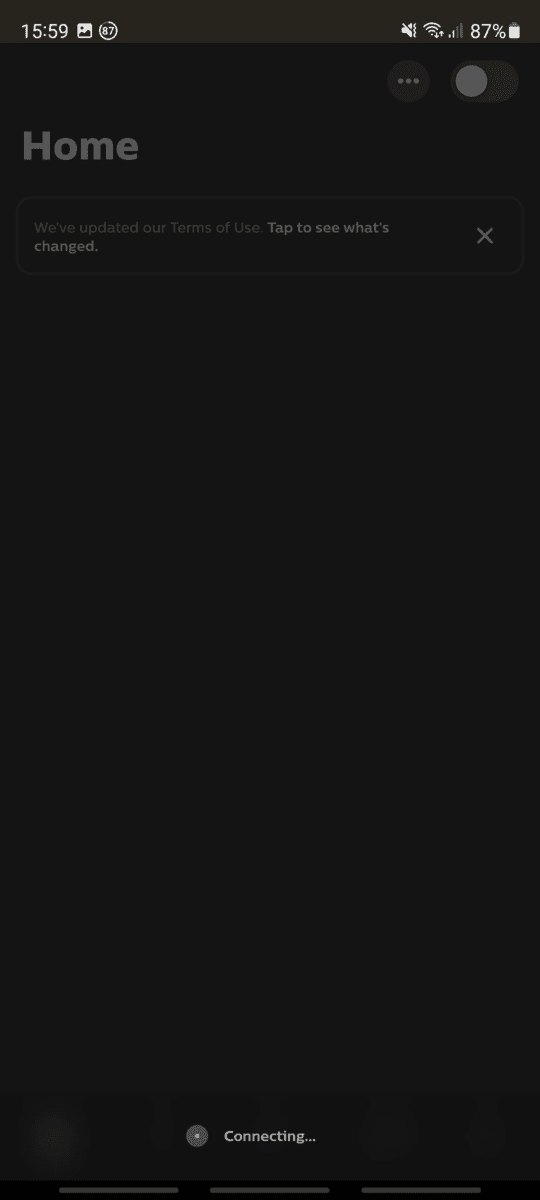 Another view of the Hue app just saying Connecting... and not loading fully
