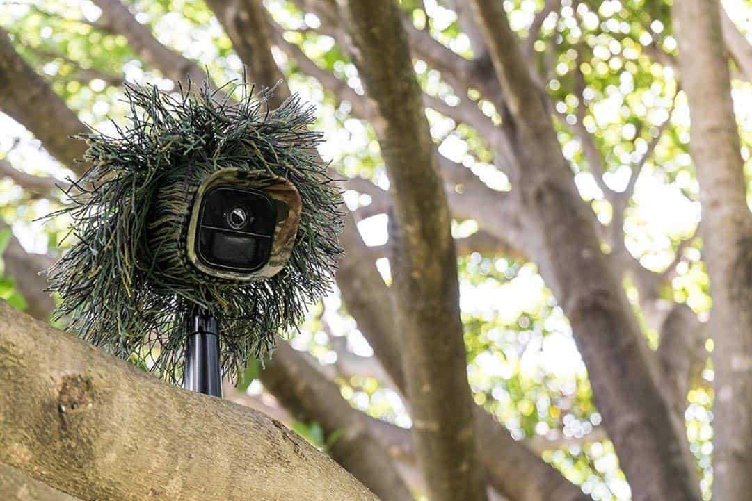 Marketing image of the Arlo Go mounted outside with camouflage.