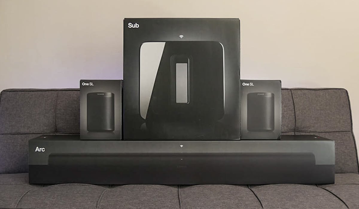 Sonos Arc, Sonos Sub Gen3, and 2 Sonos One SL boxes