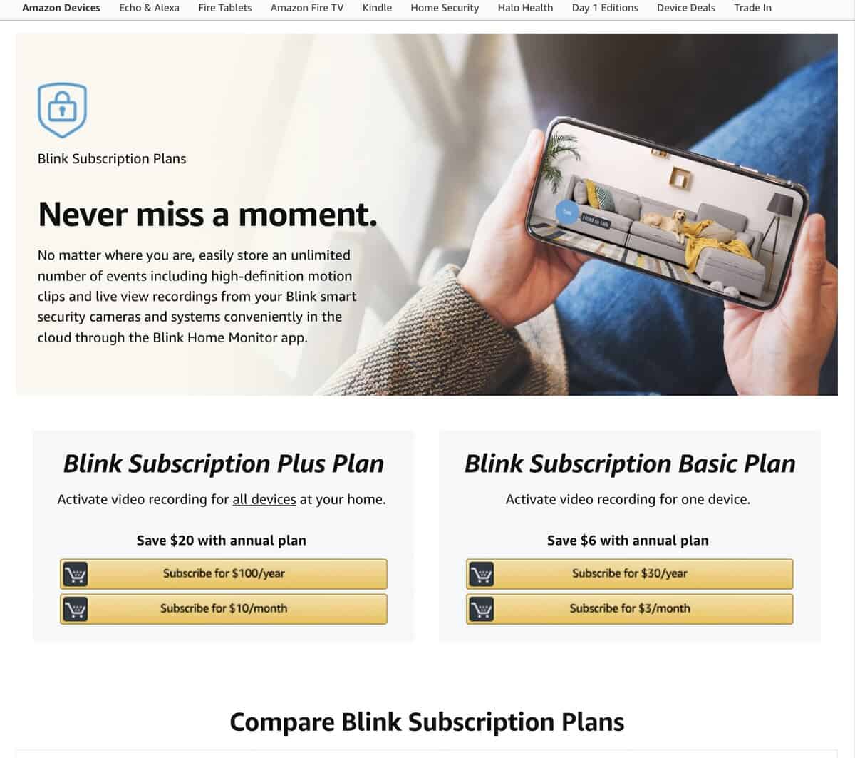 Blink Subscription plans on Amazon.com