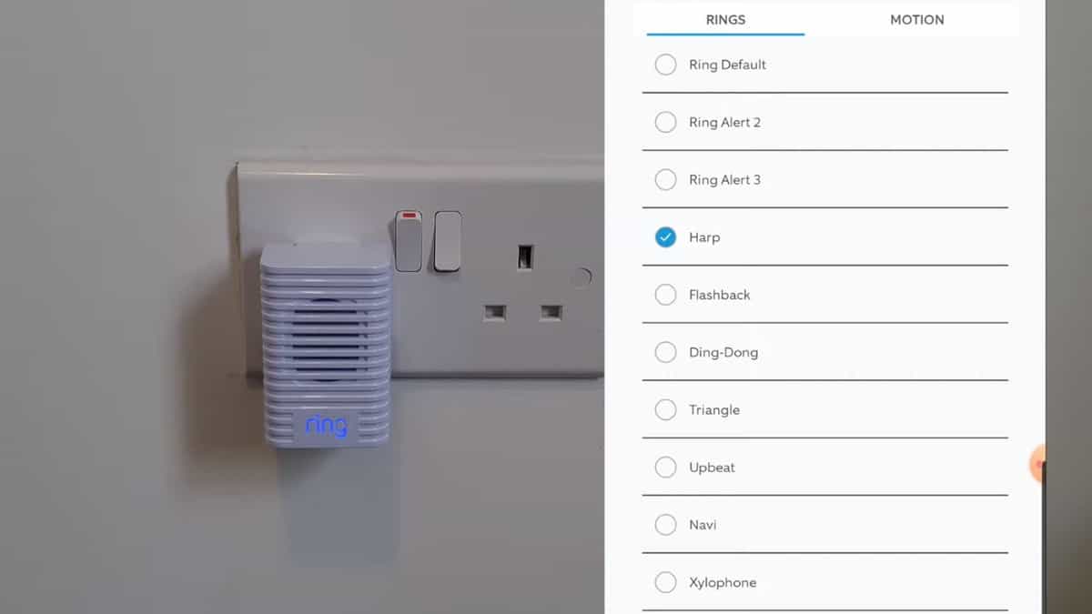 YouTube video thumbnail showing a Ring Chime Pro and the Ring app showing the different Ring Chime sounds.