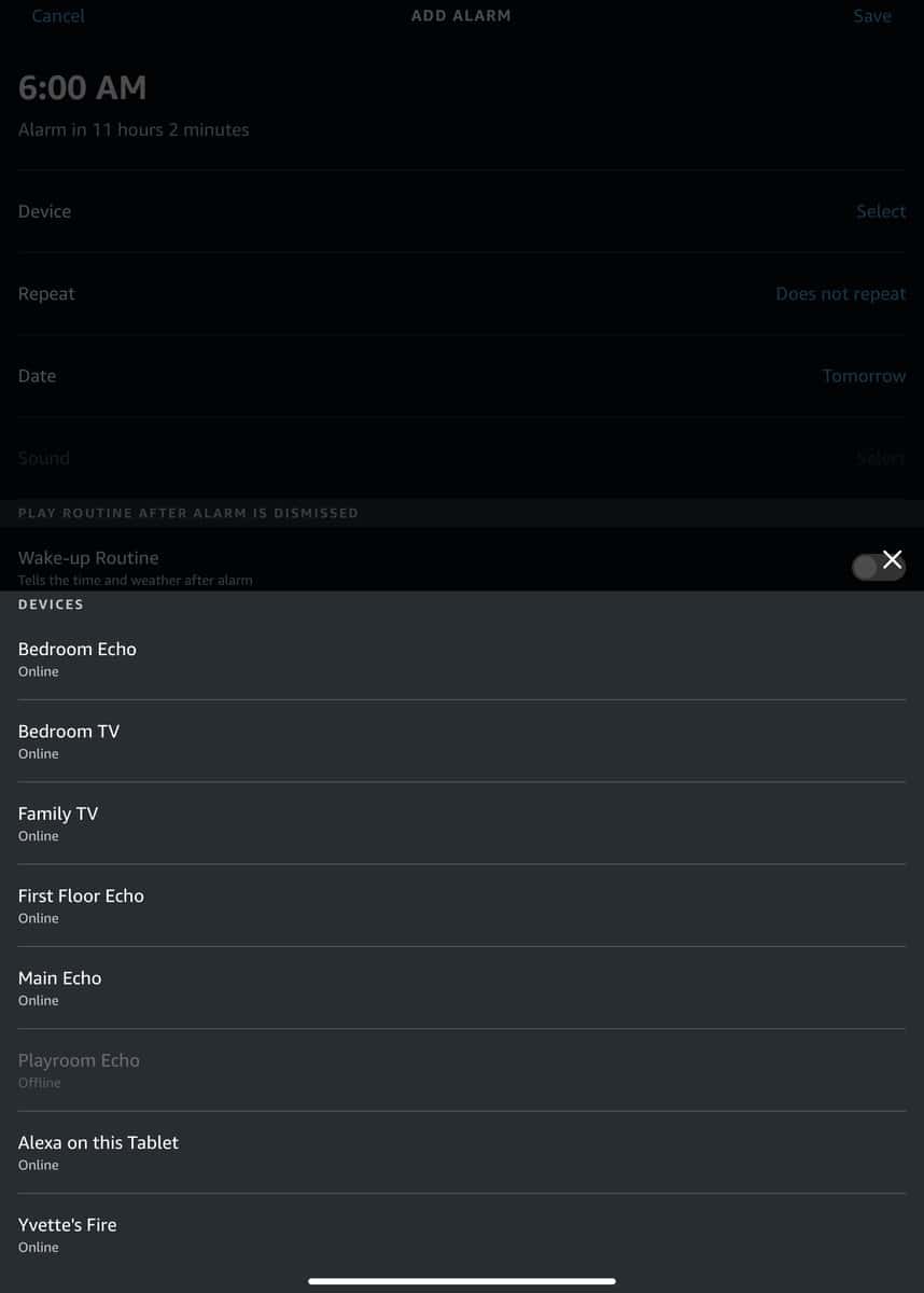 Choosing Echo device for Alarm in the Alexa app