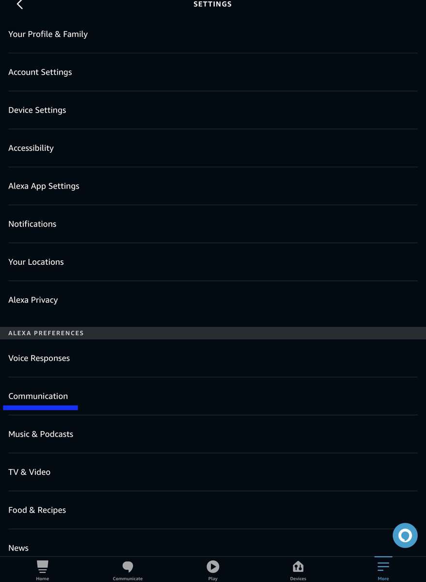 Communication option in Settings in the Alexa App