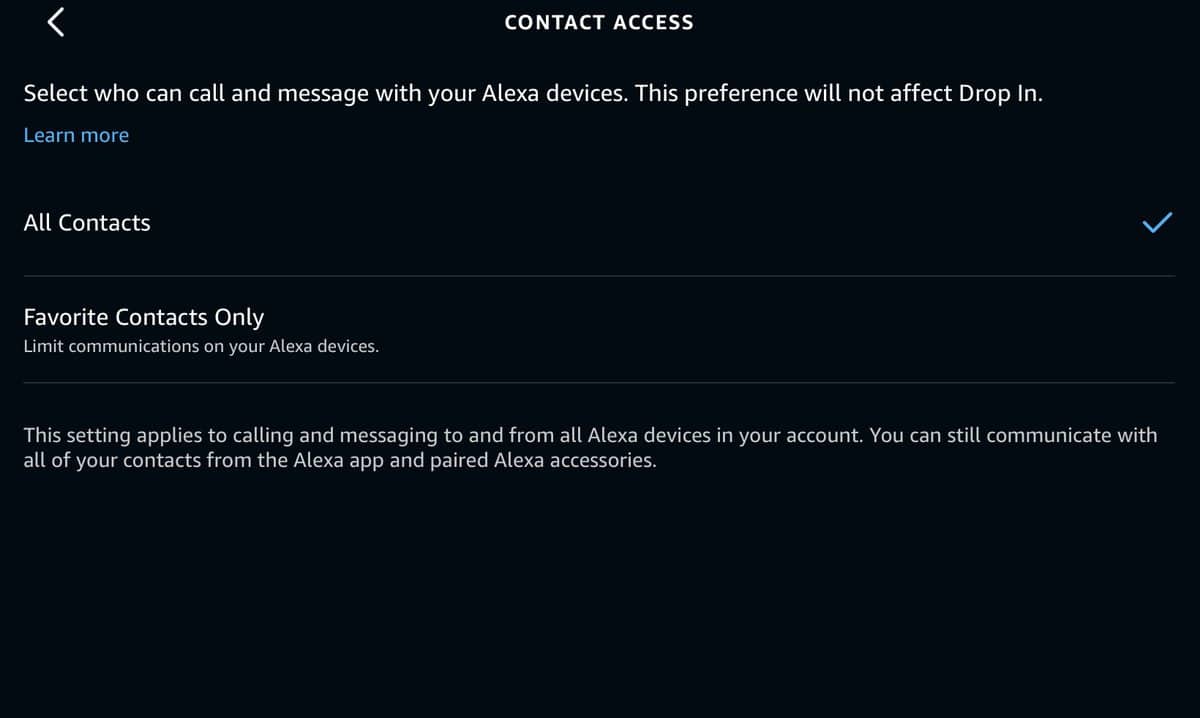 Contact Access in the Alexa app