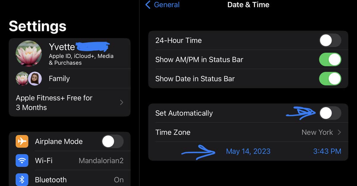 Date and Time in device settings