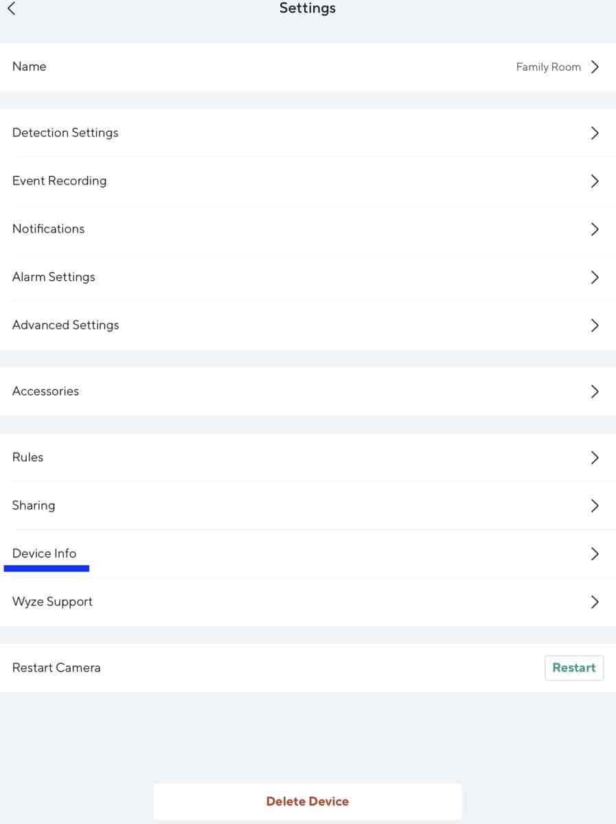 Device Info in Wyze App