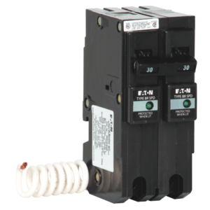 Marketing image of the Eaton whole house surge protector with a 30 amp rating.