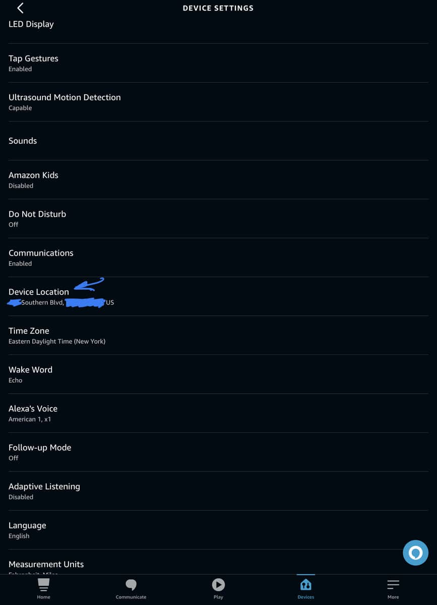 Echo Device Location Settings in the Alexa app