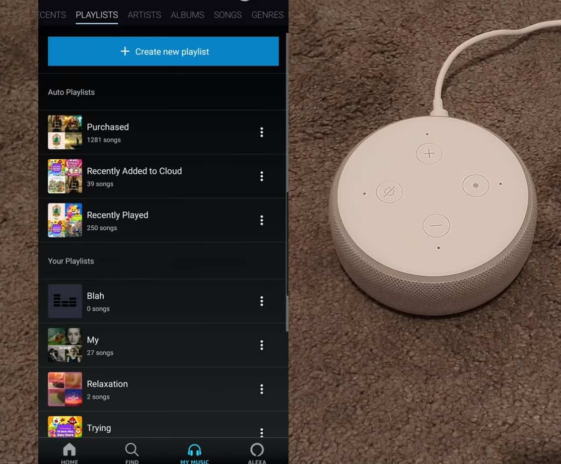 One of my Echo Dots on the floor, plus a screenshot of the Amazon Music's playlists section next to it.