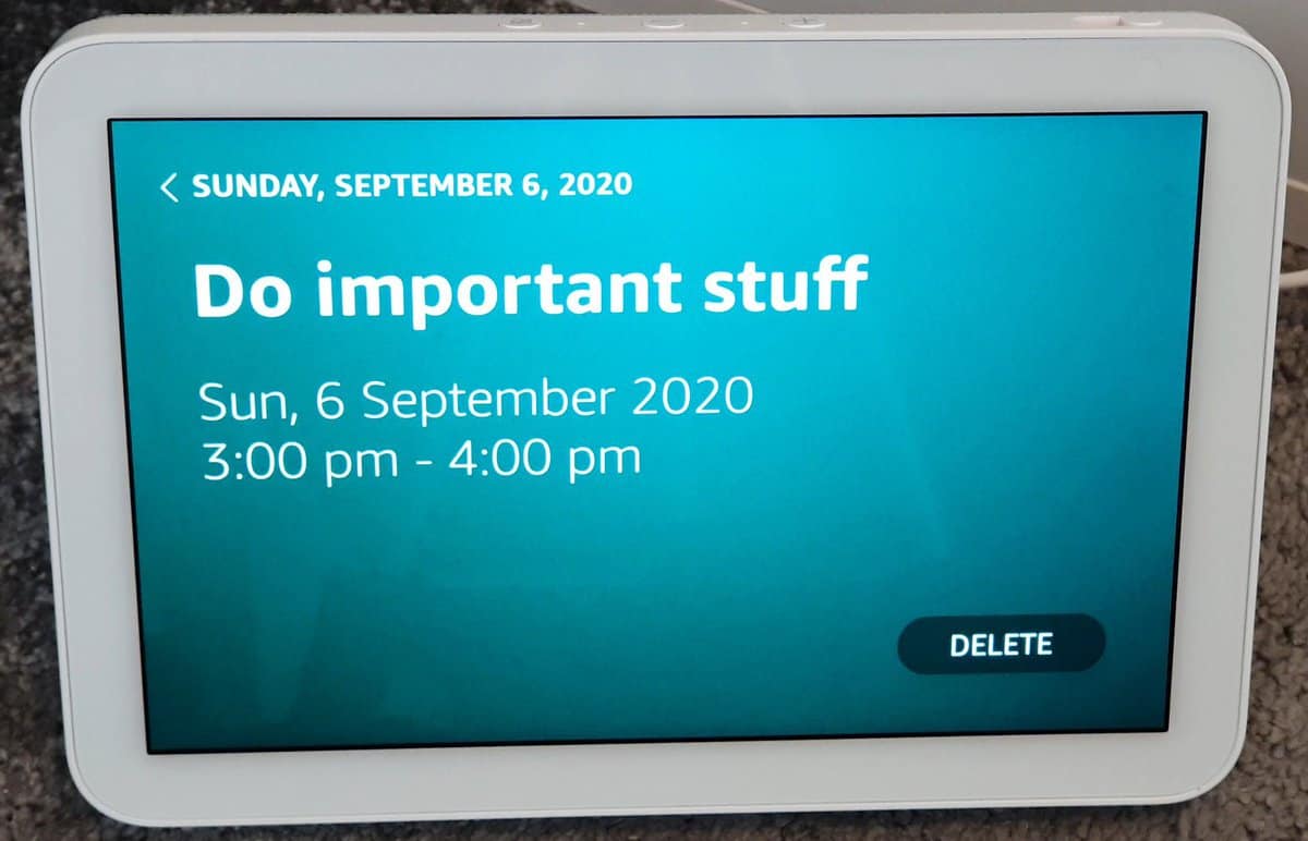 A newly added calendar entry (added with my voice) is displayed on screen: "Do important stuff" on Sunday 6th September 2020!