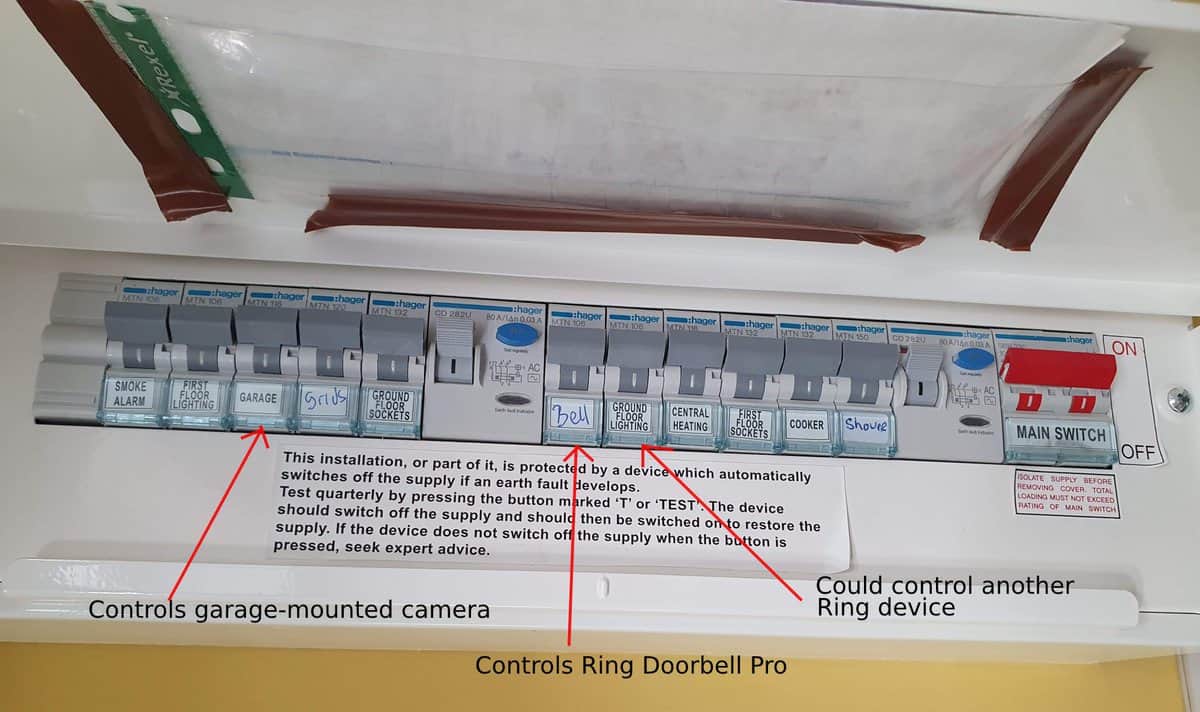 My house's electric panel (also called a consumer unit), showing which switches control which smart device.